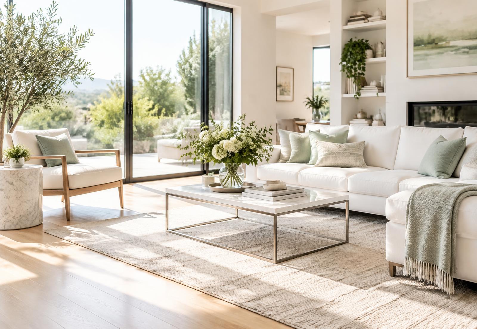 Bright, freshly cleaned living room with sunlight on the floors